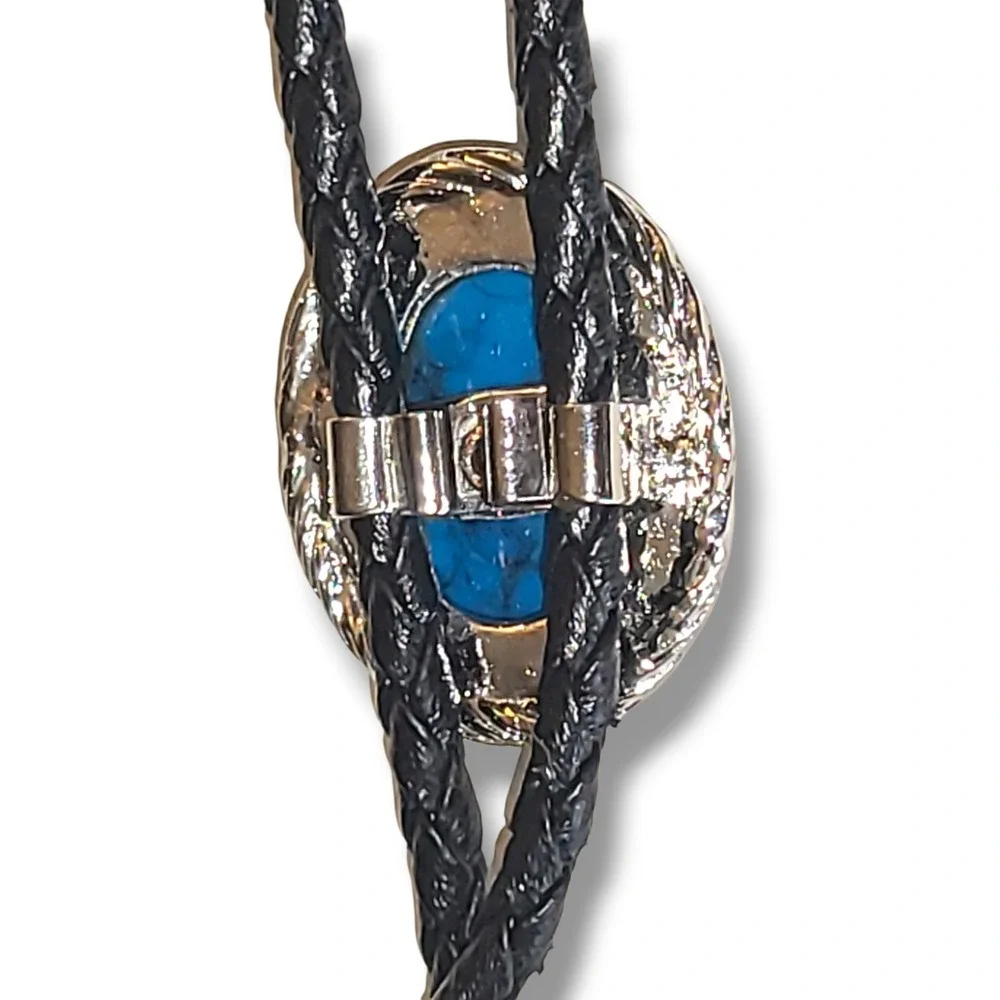 Vintage Faux Turquoise‎ Cabochon Bolo Tie Black Leather Silver Tone Western